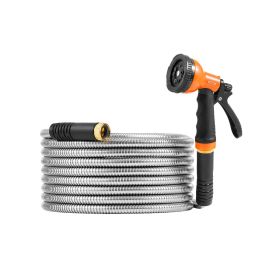 VEVOR Metal Garden Hose 25 ft, Rust Proof Stainless Steel Water Hose, Heavy Duty Backyard Hose with 10 Function Nozzle, No-Kink & Flexible Water