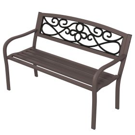 Outsunny Outdoor Bench, Steel Garden Bench with Floral Design Backrest and Armrest, Metal Bench for Patio Park Porch Lawn Yard Deck, Brown