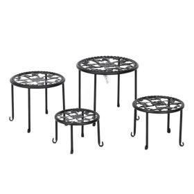 4-Pack Matte Black Round Plant Stands with Floral Design - Durable Metal Flower Pot Holders for Indoor Home Garden Decor