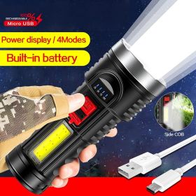 LED Flashlight Torch Rechargeable Work Light Built-in Battery (Color: Black)