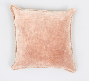 Stonewashed Cotton Velvet Throw Pillow With Decorative Handstiched Edges-19X19 Inch (Color: PINK)