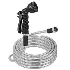 25FT/50FT/100FT Heavy Duty Stainless Steel Garden Hose Garden Watering Kit Metal Water Hose with 2 Nozzles 12 Patterns Flexible Extendable Kink T (Length: 25ft)