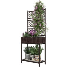 Outdoor Wicker Planter With Trellis For Climbing Plants, Freestanding Rattan Garden Box With Storage Shelf, Brown (Color: Brown)